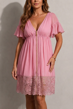 Lirone - Robe Mini Col V Plongeant Zip Doré Manches Volantées & Ourlet Dentelle