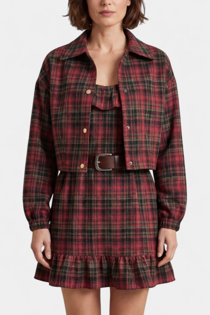 Ayanna Robe Courte à Volants à Carreaux Vintage avec Veste Ample Coordonnée