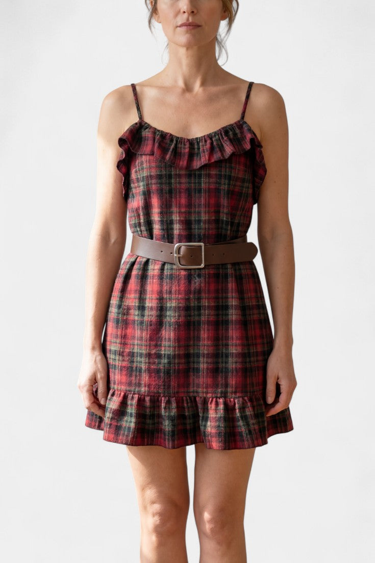 Ayanna Robe Courte à Volants à Carreaux Vintage avec Veste Ample Coordonnée