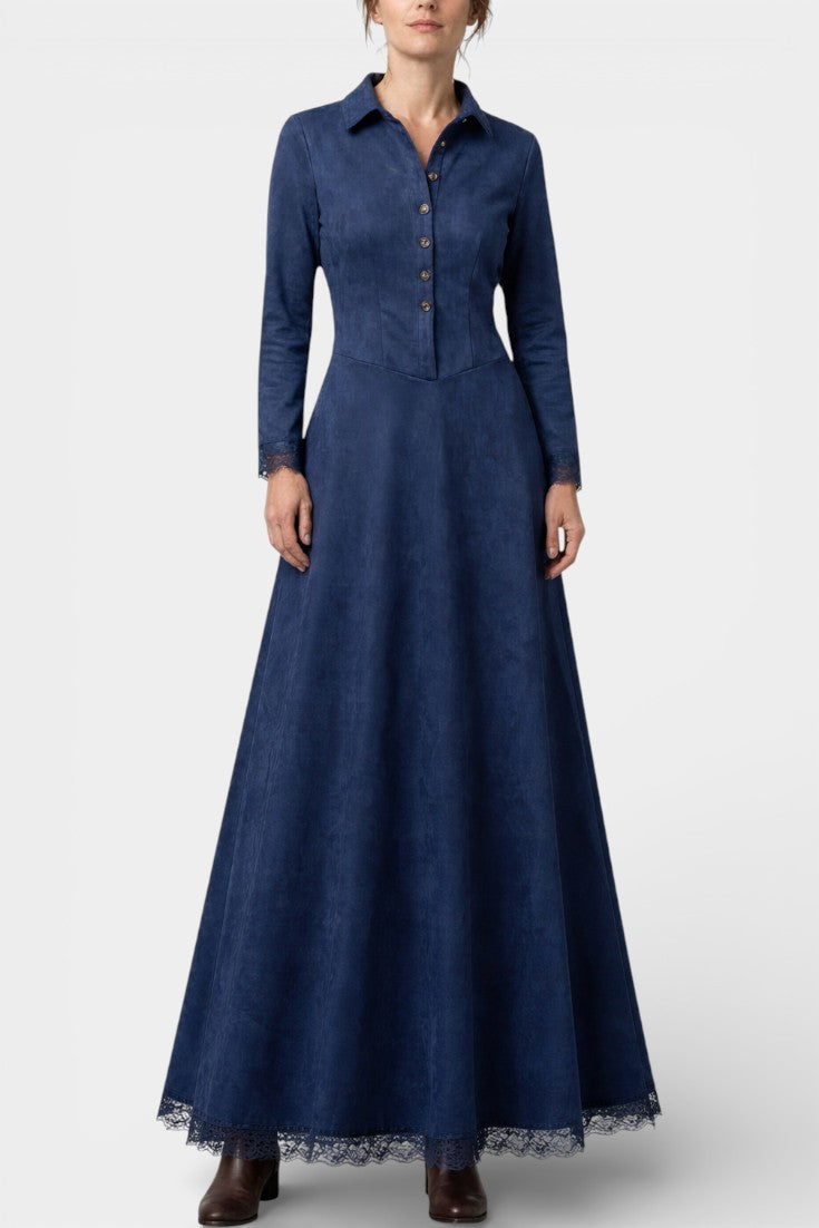 Marie Robe Longue en Suédine avec Col Chemise et Dentelle