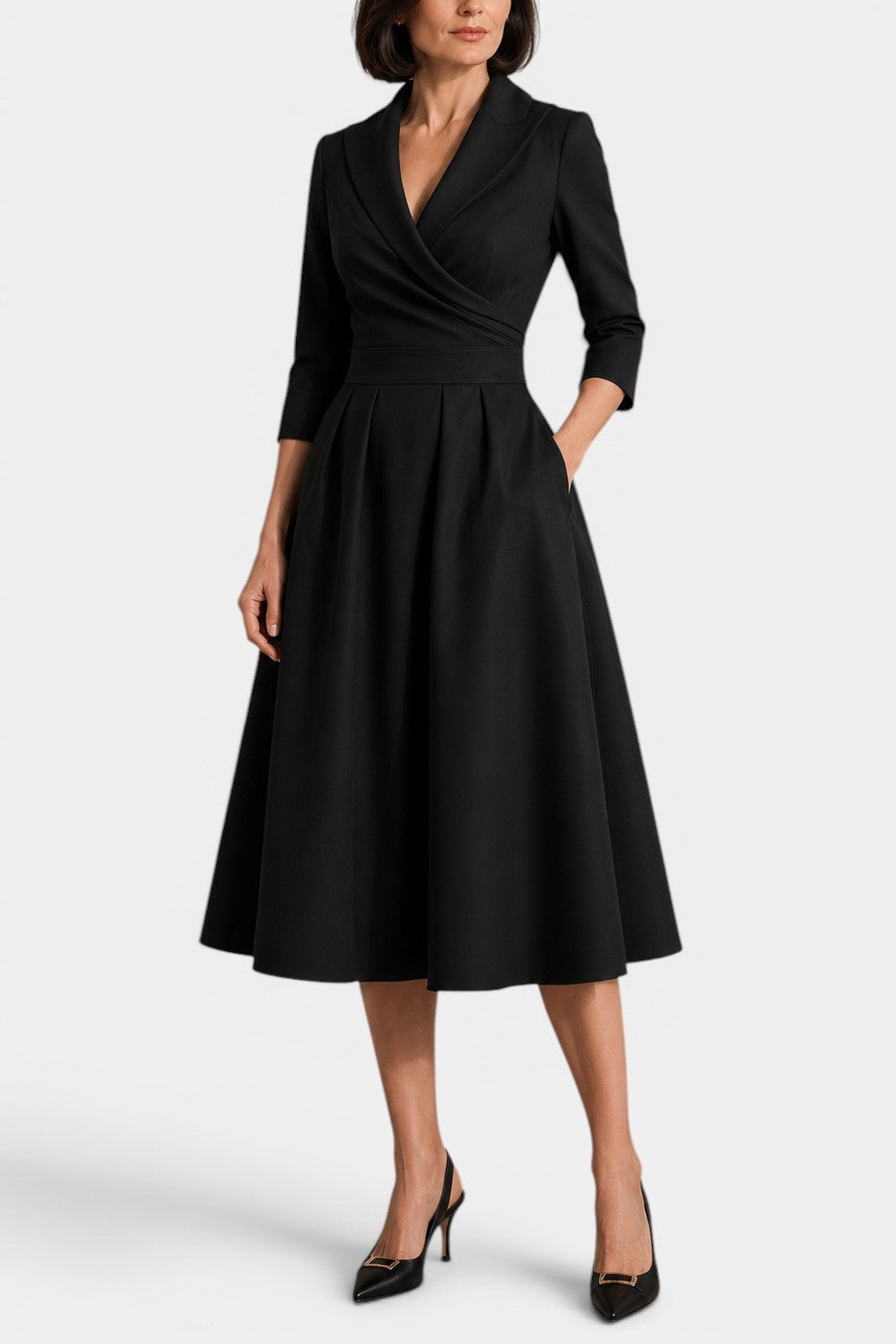Nixie - Robe Midi Unie à Col en V et Coupe A-Line