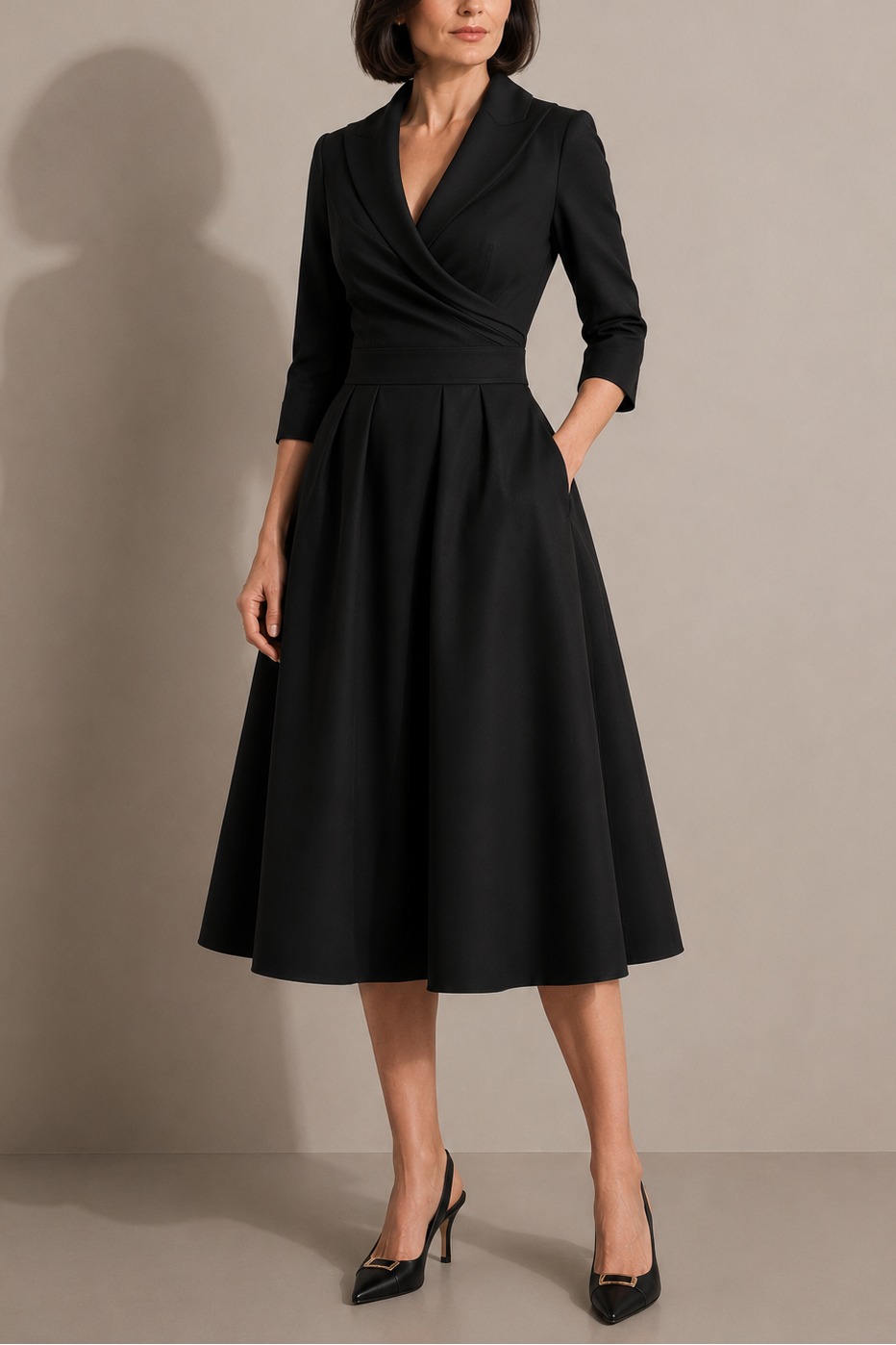 Nixie Robe Midi Unie à Col en V et Coupe A-Line