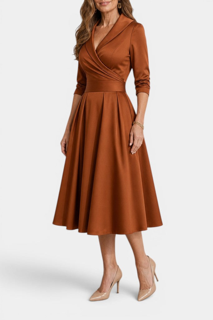 Nixie - Robe Midi Unie à Col en V et Coupe A-Line