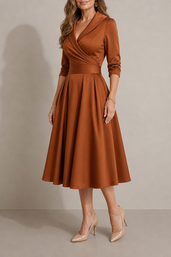 Nixie Robe Midi Unie à Col en V et Coupe A-Line