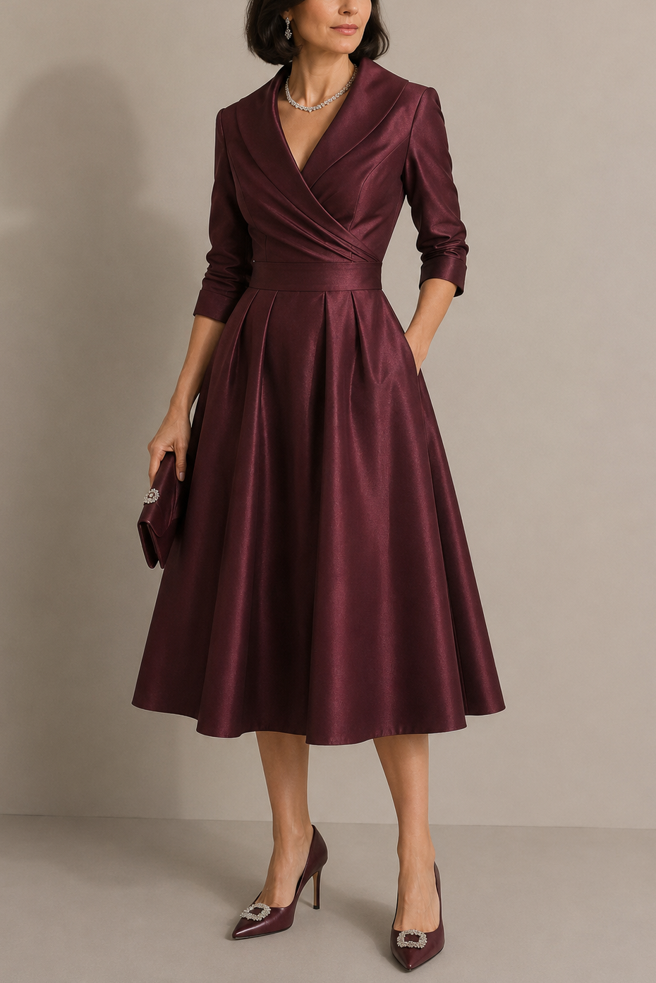 Nixie Robe Midi Unie à Col en V et Coupe A-Line