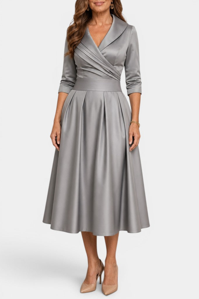 Nixie - Robe Midi Unie à Col en V et Coupe A-Line