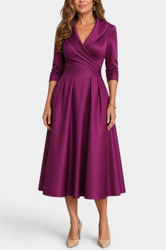 Nixie - Robe Midi Unie à Col en V et Coupe A-Line