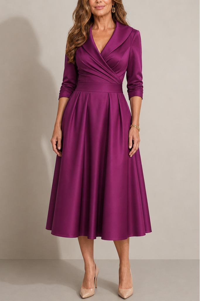 Nixie Robe Midi Unie à Col en V et Coupe A-Line