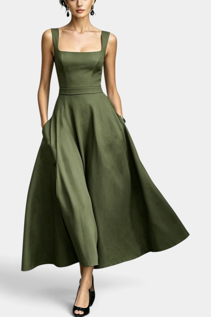 Amaranta - Robe Mi-Longue Évasée à Encolure Carrée & Poches
