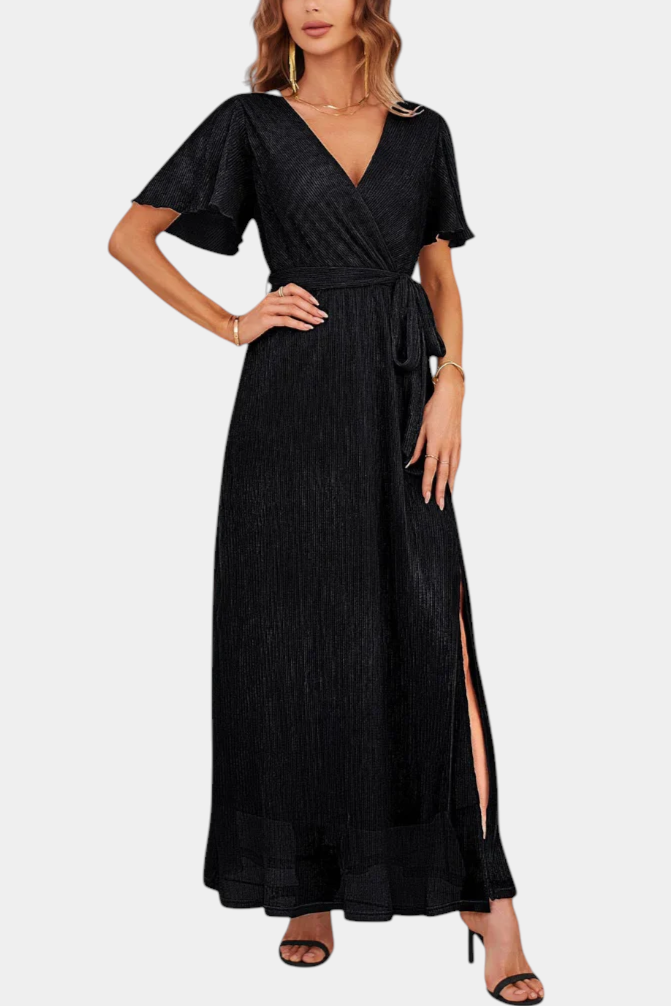 Esperanza Robe Maxi Portefeuille à Manches Volantes et Nœud à la Taille