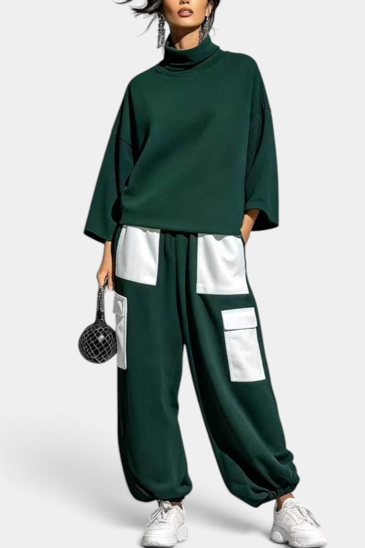 Alejandra - Ensemble Décontracté Col Roulé & Pantalon Cargo Contrasté