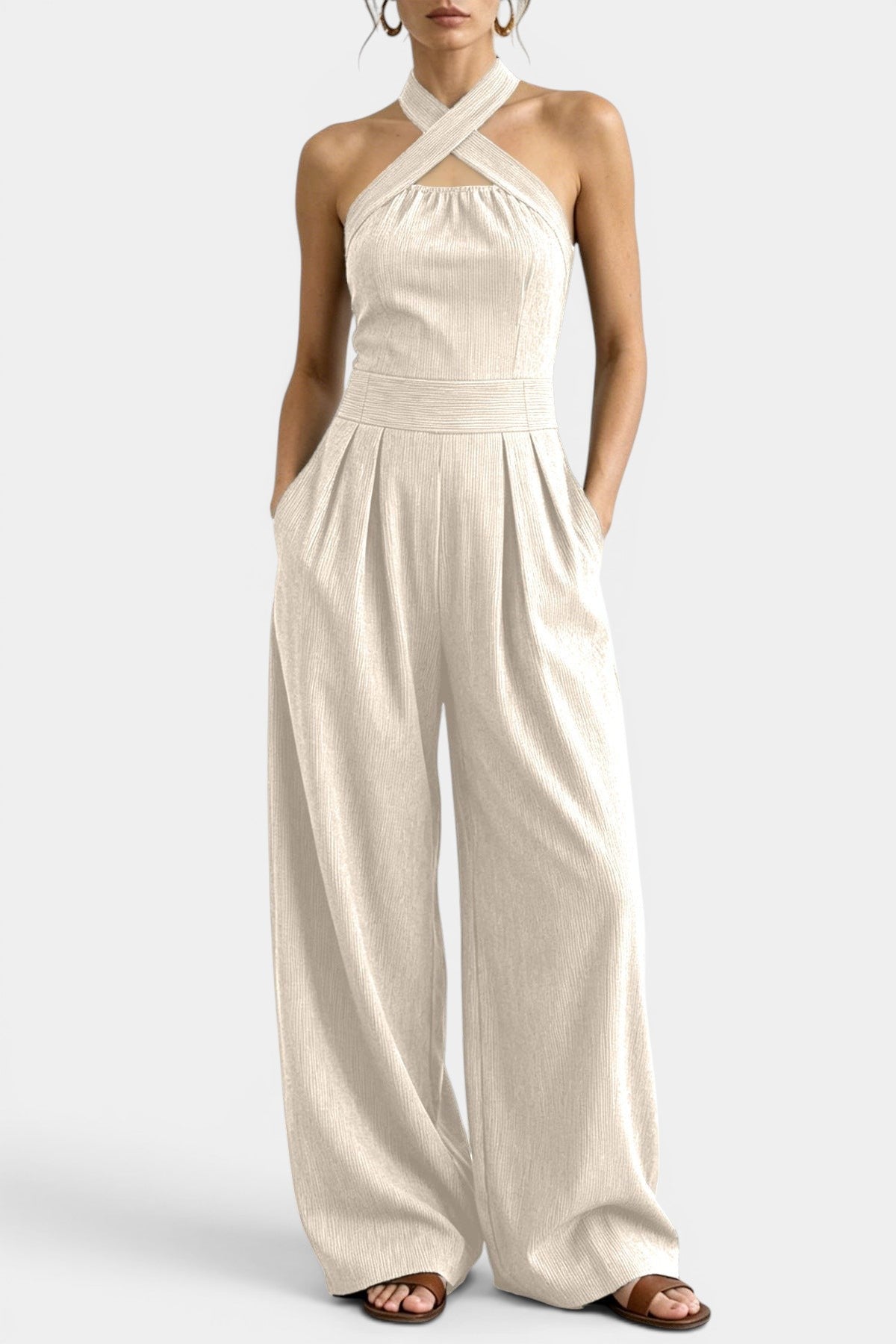 Wavane Combinaison Col Halter Croisé & Pantalon Large Plissé Taille Haute