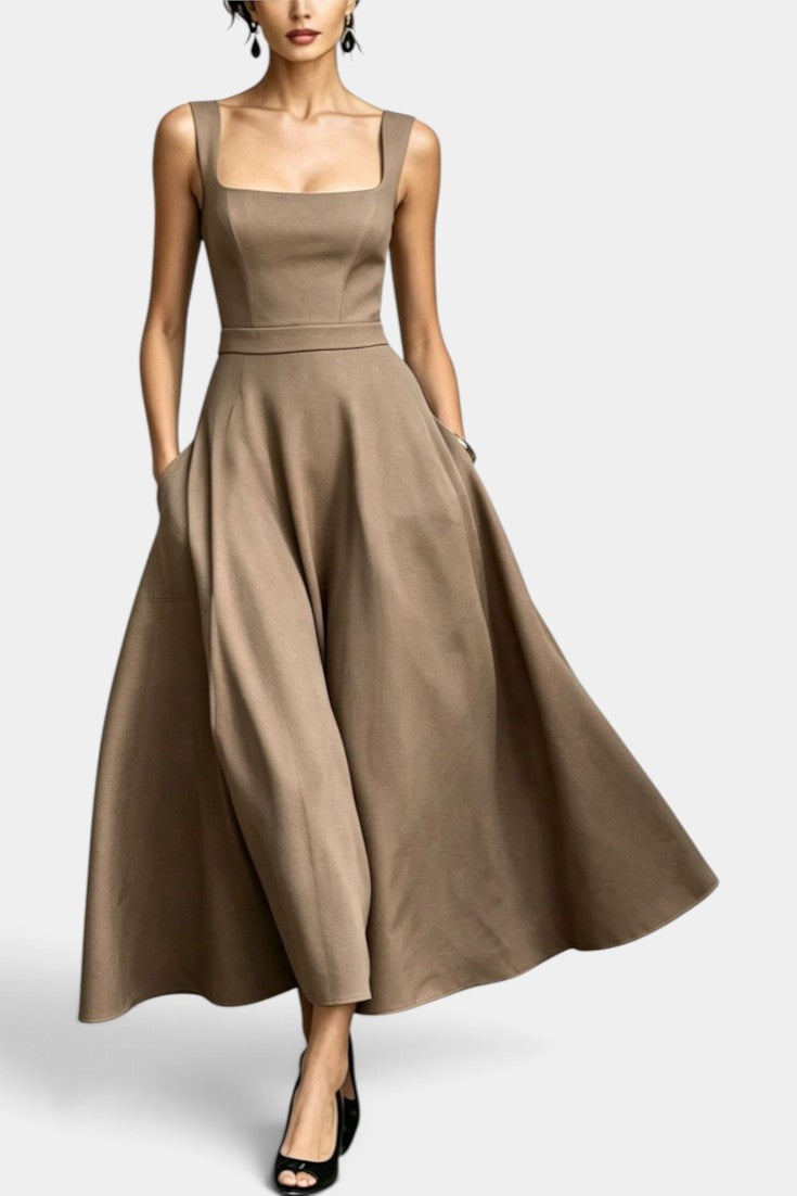 Amaranta - Robe Mi-Longue Évasée à Encolure Carrée & Poches