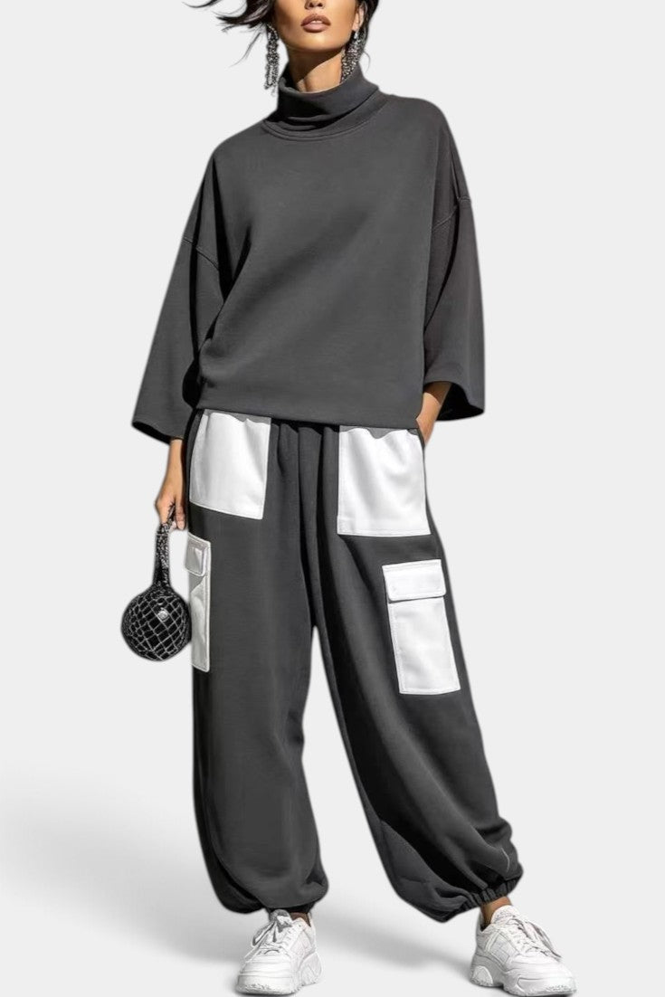 Alejandra - Ensemble Décontracté Col Roulé & Pantalon Cargo Contrasté
