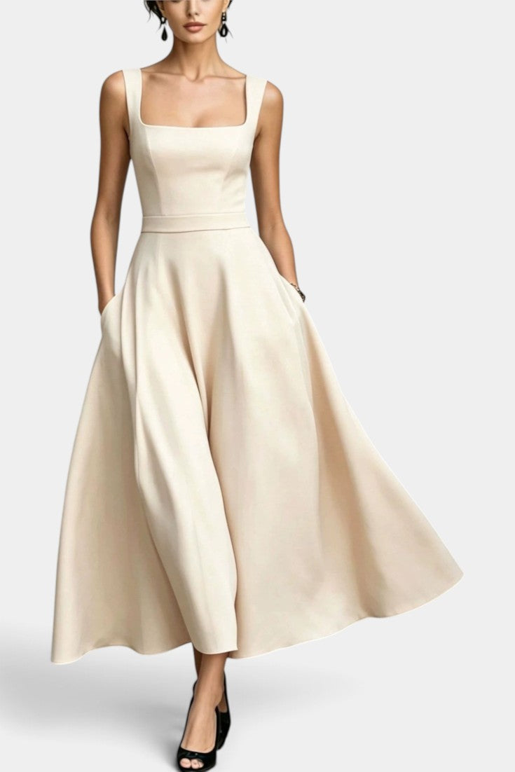 Amaranta - Robe Mi-Longue Évasée à Encolure Carrée & Poches