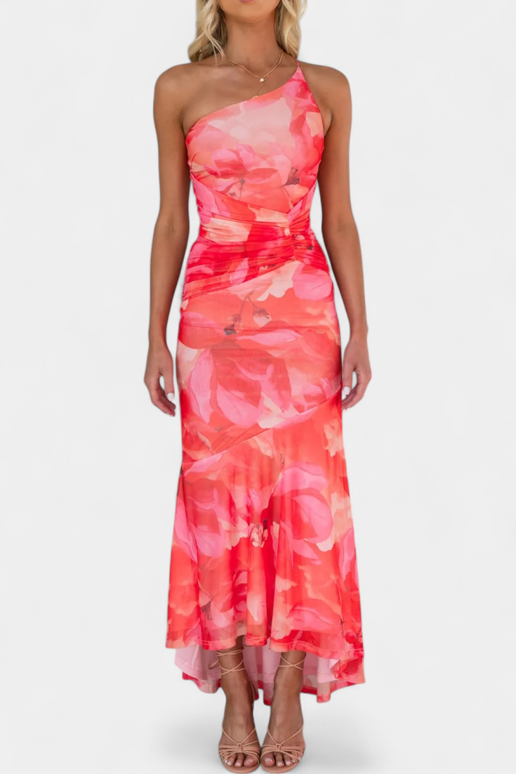 Abigail Robe Asymétrique en Maille Florale à Une Épaule