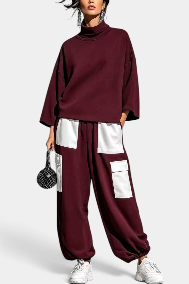 Alejandra - Ensemble Décontracté Col Roulé & Pantalon Cargo Contrasté