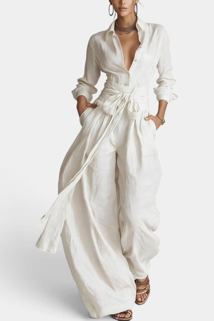 Combinaison large Mahaute Alethea avec col chemise et taille nouée, tissu fluide et élégant, vue de face.