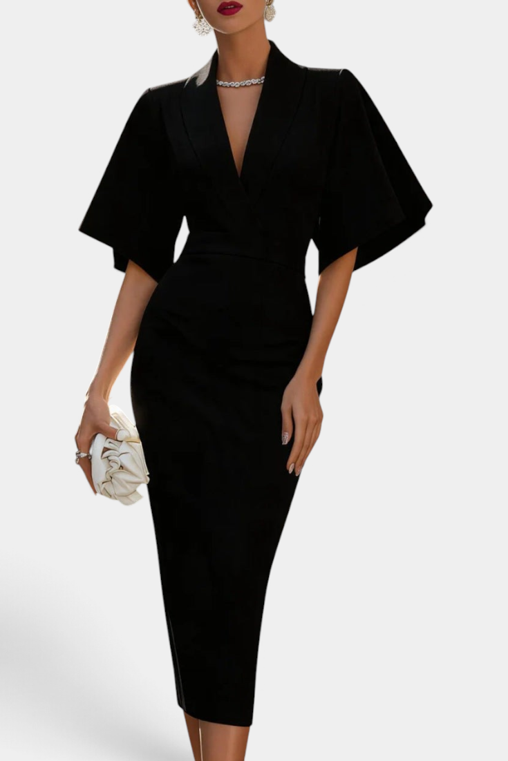 Mahaute Radoslava black midi dress with wrap neckline, flared sleeves, and cinched waist for an elegant look.