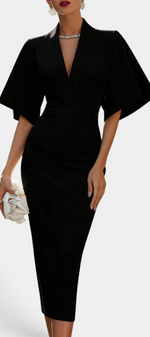 Mahaute Radoslava black midi dress with wrap neckline, flared sleeves, and cinched waist for an elegant look.