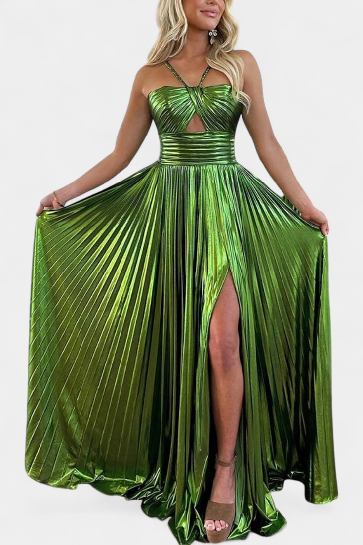 Aikaterini Robe Longue Métallique à Col Croisé et Fente Frontale