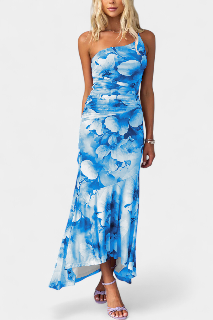 Abigail Robe Asymétrique en Maille Florale à Une Épaule