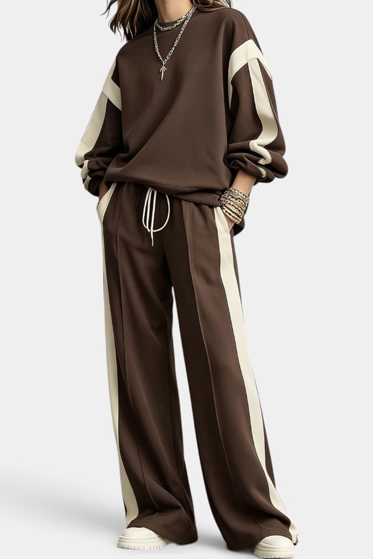 Ensemble deux pièces Mahaute Alix, sweat et pantalon large à bandes contrastées, vêtement décontracté pour femmes.