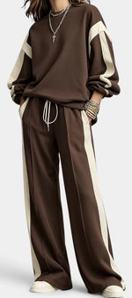 Ensemble deux pièces Mahaute Alix, sweat et pantalon large à bandes contrastées, vêtement décontracté pour femmes.