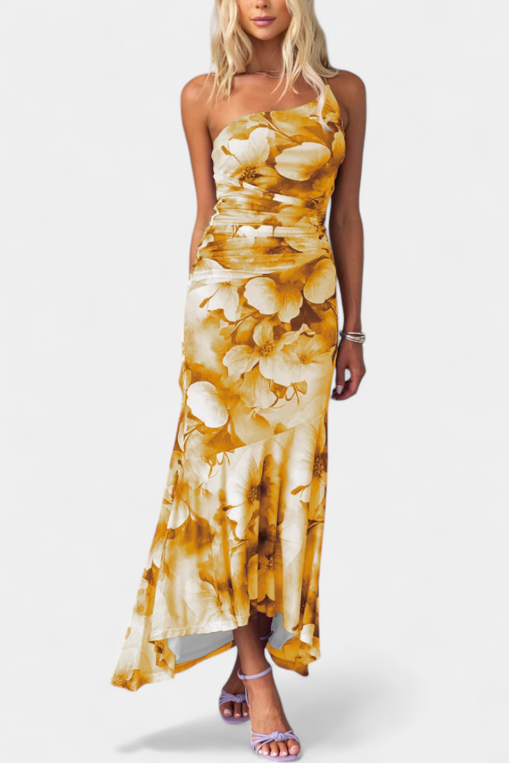 Abigail Robe Asymétrique en Maille Florale à Une Épaule