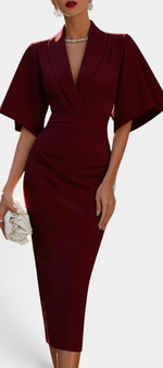 Mahaute Radoslava burgundy midi wrap dress with flared sleeves and cinched waist for elegant formal occasions