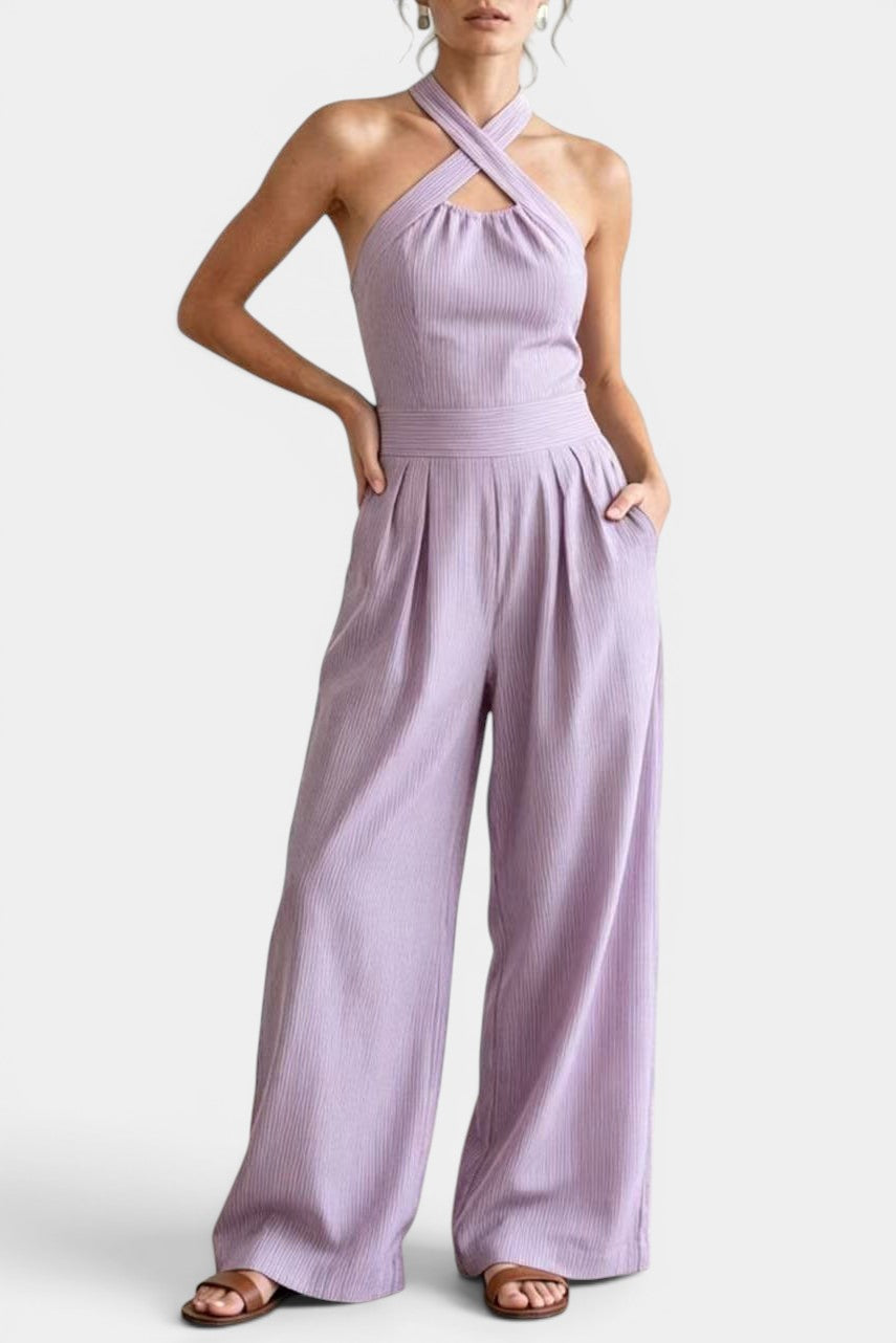 Wavane Combinaison Col Halter Croisé & Pantalon Large Plissé Taille Haute