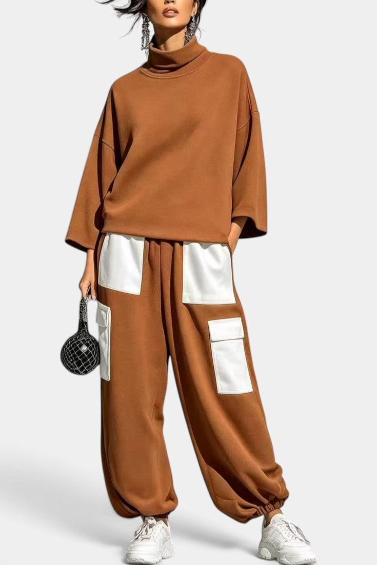 Alejandra - Ensemble Décontracté Col Roulé & Pantalon Cargo Contrasté