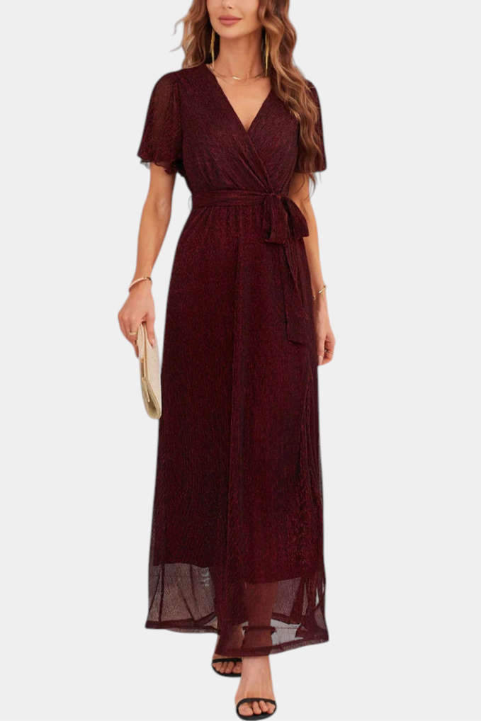 Esperanza Robe Maxi Portefeuille à Manches Volantes et Nœud à la Taille