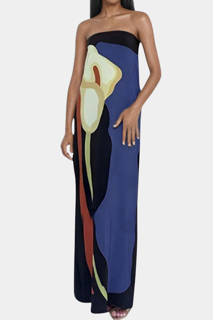 Laura Robe Maxi Sans Bretelles à Imprimé Floral Abstrait