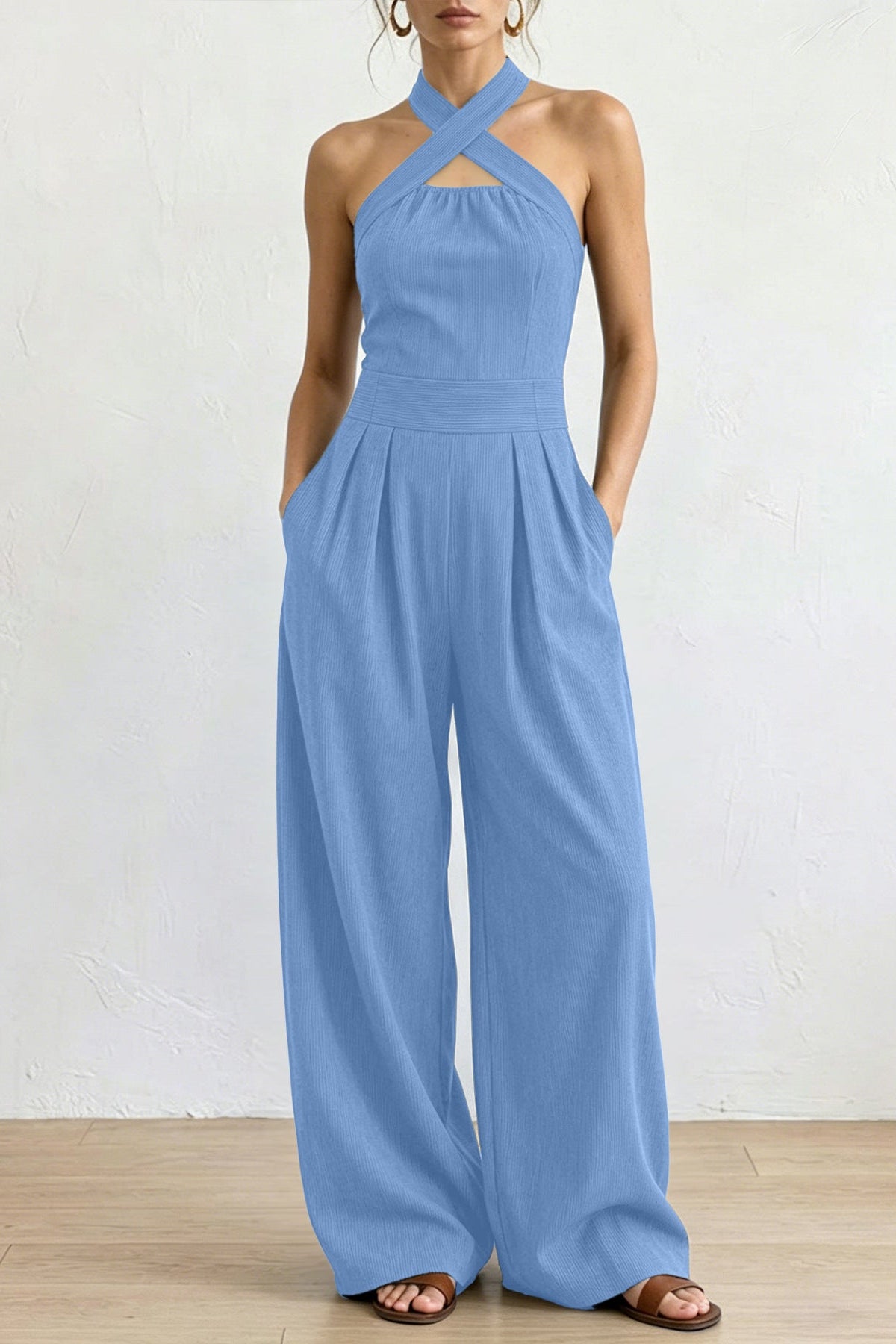 Wavane Combinaison Col Halter Croisé & Pantalon Large Plissé Taille Haute