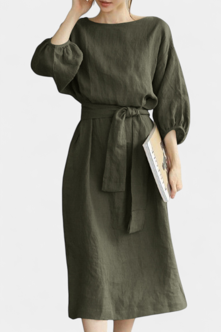 Krisbel Robe Midi en Coton et Lin à Manches Bouffantes et Taille Nouée