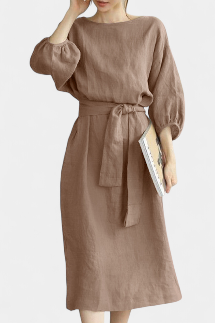 Krisbel Robe Midi en Coton et Lin à Manches Bouffantes et Taille Nouée