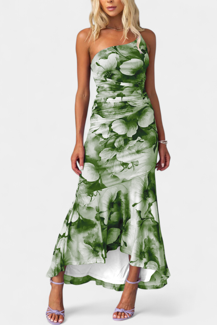 Abigail Robe Asymétrique en Maille Florale à Une Épaule