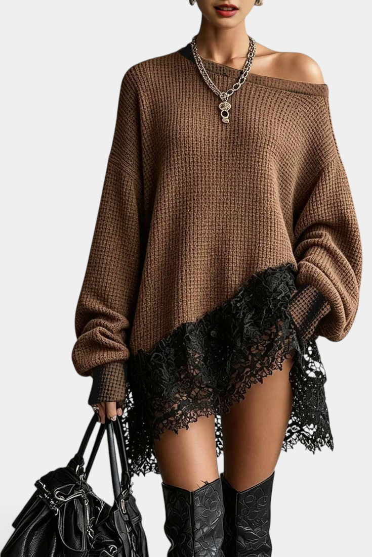 Mahaute oversized brown knit sweater dress with an off-the-shoulder neckline and black floral lace hem detail.
