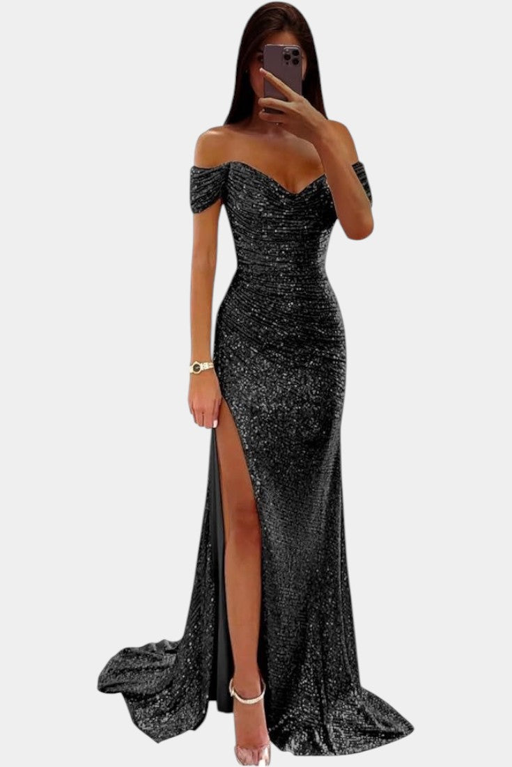 Ariel Robe Sirène à Paillettes Off-Shoulder et Fente Haute