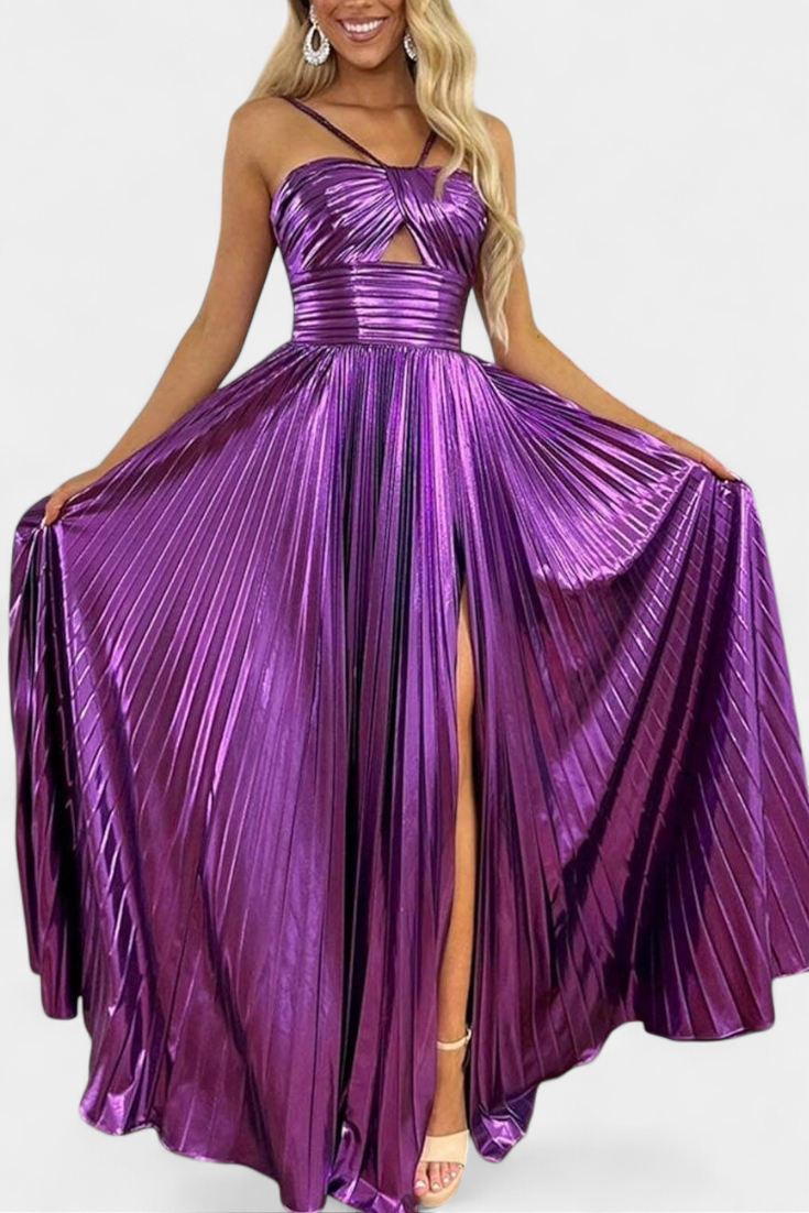 Aikaterini Robe Longue Métallique à Col Croisé et Fente Frontale