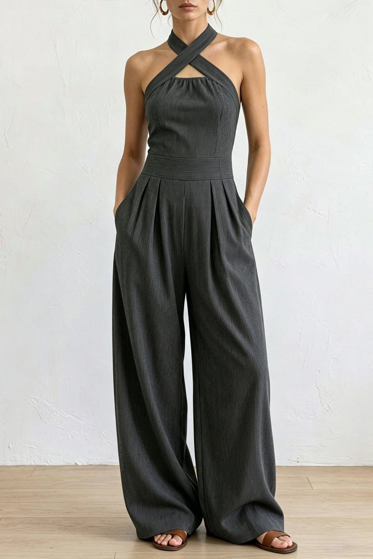 Wavane Combinaison Col Halter Croisé & Pantalon Large Plissé Taille Haute