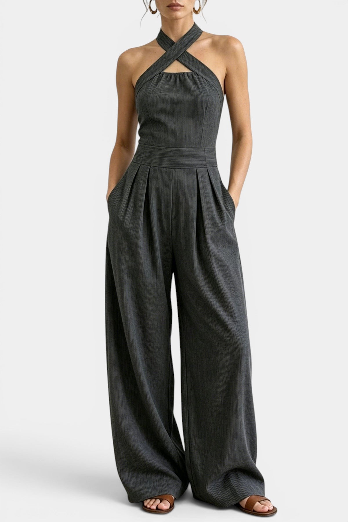 Wavane Combinaison Col Halter Croisé & Pantalon Large Plissé Taille Haute