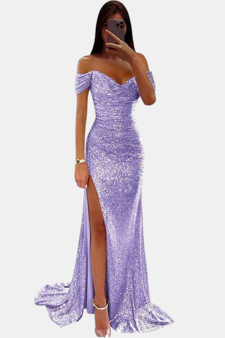 Ariel Robe Sirène à Paillettes Off-Shoulder et Fente Haute