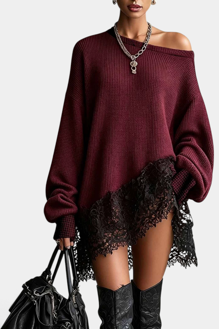 Mahaute burgundy oversized knit sweater dress with an off-shoulder neckline and black floral lace hem detail.