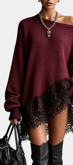 Mahaute burgundy oversized knit sweater dress with an off-shoulder neckline and black floral lace hem detail.
