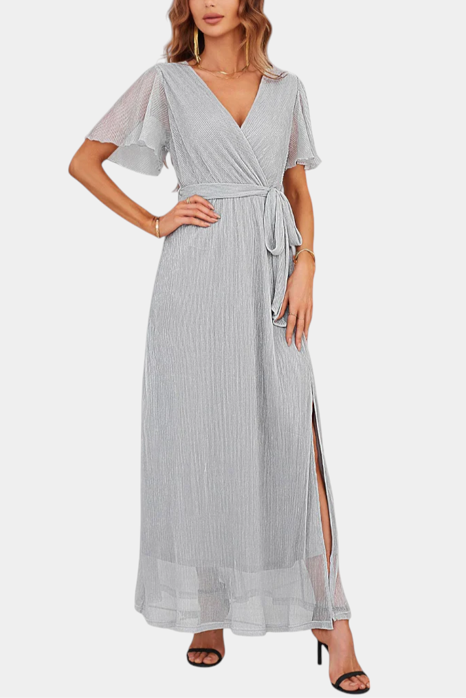 Esperanza Robe Maxi Portefeuille à Manches Volantes et Nœud à la Taille