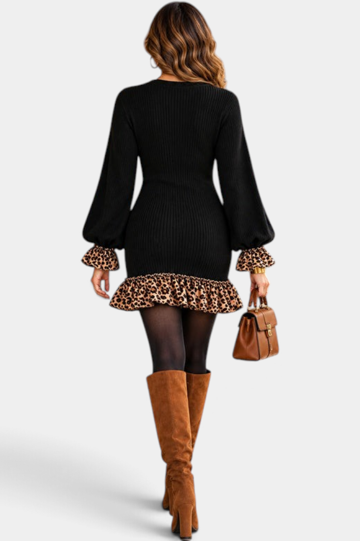 Mahaute black ribbed knit mini dress with leopard print ruffled cuffs and hem, styled with brown suede boots.