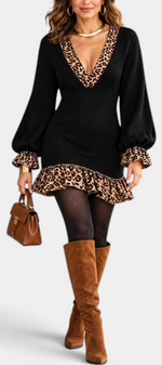 Mahaute short black ribbed knit dress with leopard print ruffled trim, V-neck, and puff sleeves worn with brown boots
