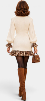 Mahaute cream ribbed knit short dress with puff sleeves and leopard print ruffled cuffs and hem, worn with brown boots